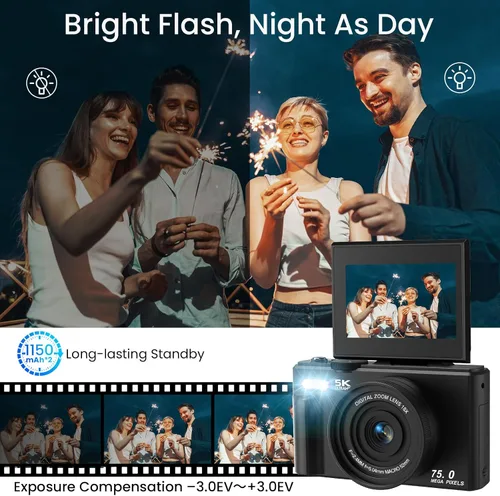 Miniatura 5 de Cámara digital 5K para fotografía, enfoque automático 75MP WiFi Vlogging cámara para YouTube con pantalla abatible de 180° de 3 pulgadas, cámara