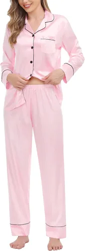 Miniatura 2 de SWOMOG Pijama de satén para mujer, de manga larga, de seda, suave, con botones, tallas S-XXL