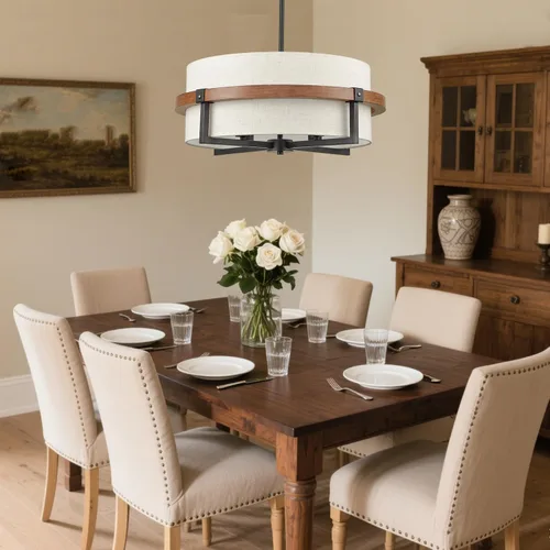 Miniatura 9 de Candelabro de tambor rústico de 4 luces para comedor con pantalla de tela blanca rota