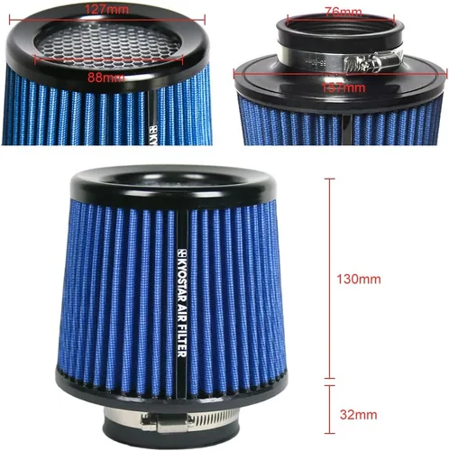 Miniatura 35 de KYOSTAR Filtro de aire universal de alto flujo de 3" (76 mm), entrada de aire frío de cono reutilizable, alto rendimiento, lavable, kit de aire seco