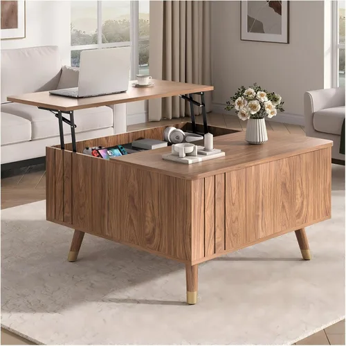 Miniatura 12 de Mesa de centro elevable con almacenamiento, mesa de centro moderna de mediados de siglo con patas de madera maciza, mesa central minimalista Roble