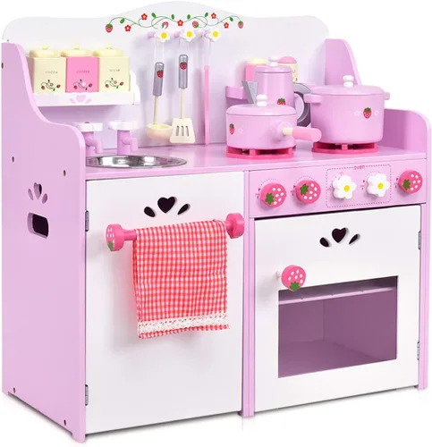 Miniatura 8 de HONEY JOY Juego de Cocina Rosa para Niños, Cocina de Juego de Simulación de Madera para Niños Pequeños, 13 Piezas de Utensilios de Cocina, Grifo