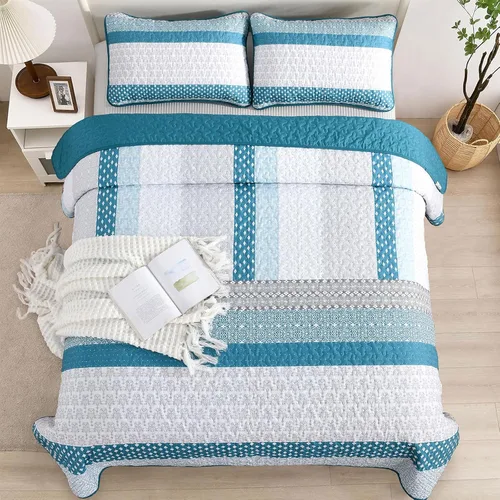 Miniatura 4 de WONGS BEDDING Edredón Azul Gris Tamaño Queen, Juegos de Edredón de Rayas Bohemias 3 Piezas Azul y Gris Boho Juego de Colcha Acolchada de Microfibra