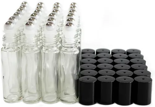 Miniatura 6 de Botellas de vidrio transparente de 0.3 fl oz con bolas de rodillo de acero inoxidable y tapas negras, paquete de 24 (transparente)