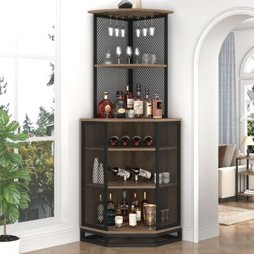 Miniatura 9 de IBF Armario esquinero de 71 pulgadas de alto para vino con soporte para vidrio, almacenamiento de licor industrial de 5 niveles con estante