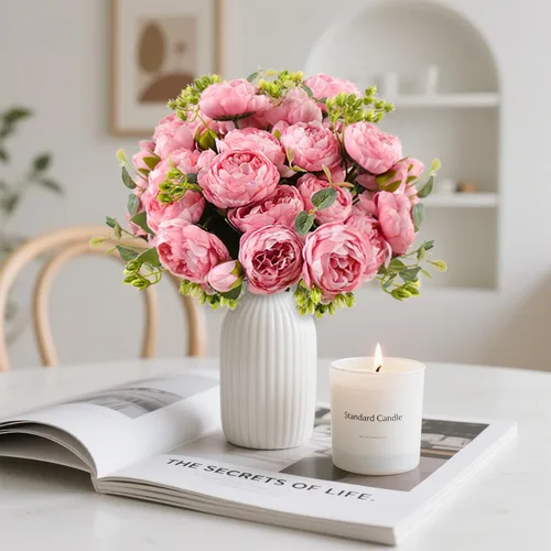Miniatura 6 de Ramo de peonías artificiales de seda, 4 paquetes de rosas persas sintéticas con hojas de eucalipto para decoración del hogar, boda, fiesta