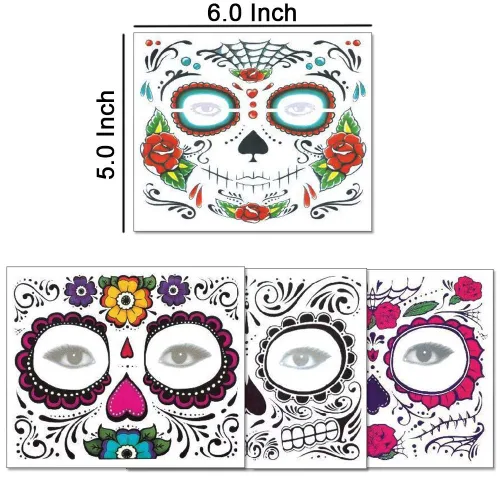 Miniatura 4 de Calcomanías de tatuaje facial de Halloween, tatuajes del Día de los Muertos, calcomanías de transferencia de agua con tela floral roja rosa negra