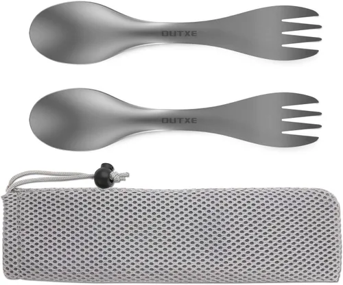 OUTXE Juego de 2 tenedores y cucharas de titanio 2 en 1, juego de 2 utensilios de campamento ultraligeros, tenedor ecológico para mochileros,