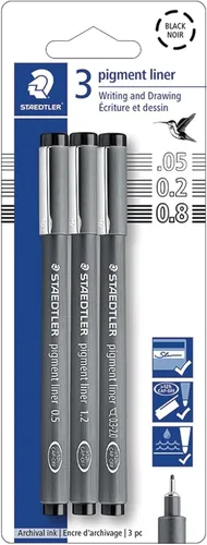 Staedtler Paquete de Rotuladores de Pigmento, Negro, 3 Rotuladores, Anchos de Línea Surtidos 0.05mm/0.2mm/0.8mm, 308-9SBK3
