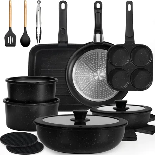 Miniatura 14 de KIKCOIN Juego de 20 Piezas de Ollas y Sartenes Antiadherentes, Juegos de Utensilios de Cocina Antiadherentes con Mango Desmontable, No Tóxico, Juego