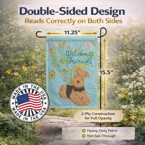 Miniatura 4 de Caroline's Treasures BB7625GF - Bandera decorativa para jardín con texto en inglés "Welcome Friends" Airedale Terrier, para jardín, jardín, patio