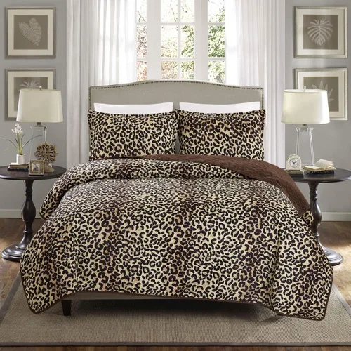 GrandLinen Juego de colcha de 3 piezas con estampado de animales finos de gran tamaño (118 x 95 pulgadas), cubrecama tamaño California King (marrón,