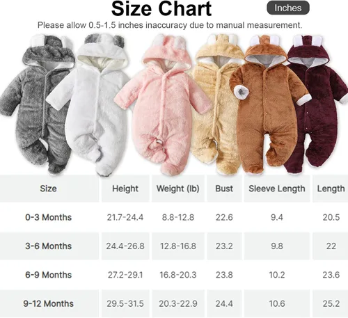 Miniatura 7 de Mameluco unisex de forro polar para bebé con capucha y pies para invierno para exteriores 0-18 meses