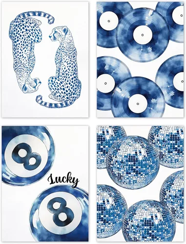 Miniatura 16 de TLESKE Pósteres Azules Preppy de Guepardo Lucky 8 Balls Impresiones Sin Marco de 8x10 Juego de 4, Impresiones Artísticas de Pared de Bolas de azul
