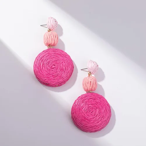 Miniatura 3 de Statement Raffia - Aretes redondos de bola colgantes de rafia, bonitos aretes bohemios hechos a mano para el verano para mujer