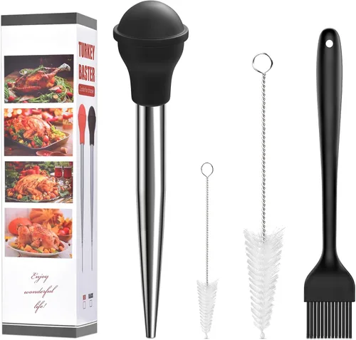 Baster Baster - Baster de acero inoxidable grande para cocinar con 1 cepillo de aceite, 2 cepillos de limpieza, 2 agujas desmontables, color negro