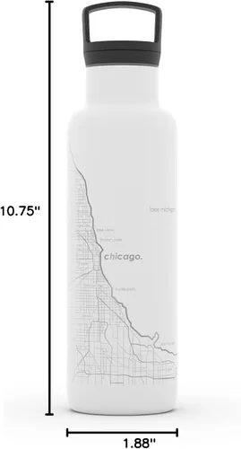 Miniatura 4 de Well Told Botella de agua aislada con mapa de Chicago Illinois, botella de acero inoxidable grabada (21 onzas, blanco) botella aislada de mapa
