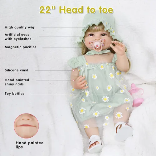 Miniatura 3 de Muñecas realistas de bebé Reborn Girl de 22 pulgadas, muñeca de bebé recién nacida de cuerpo completo de silicona realista, con accesorios, juguete