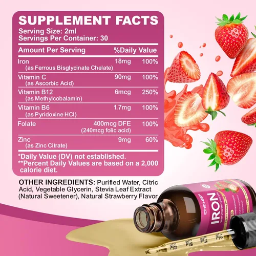 Miniatura 4 de Liquid Iron Supplement for Women, Men & Kids 18mg with Vitamin C, B12, B6, Folate & Zinc High Absorption Ferrous Bisglycinate Chelate, Natural