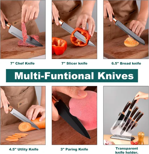 Miniatura 5 de Juego de cuchillos de cocina con bloque acrílico, 6 piezas de acero inoxidable de alto carbono afilados con revestimiento antiadherente, para chef