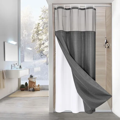 Miniatura 43 de MitoVilla Cortina de ducha pequeña beige de 36 x 72 pulgadas, juego de cortina de ducha de tela de punto gofre de tamaño medio estrecho con forro