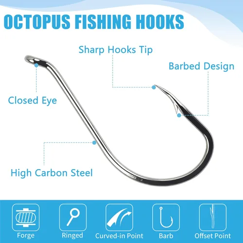 Miniatura 4 de Ganchos de pesca de pulpo, 100 piezas de ganchos circulares desplazados de acero de alto carbono, ganchos de bagre de agua dulce y salada, aparejos