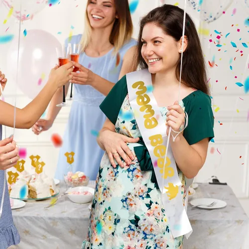 Miniatura 5 de Paquete de banda para baby shower con bonito oso (fajas blancas y letras doradas) para niña o niño, decoración de fiesta de baby shower, regalos