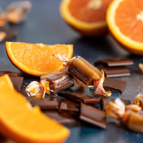Miniatura 2 de Béquet Caramelo – Chocolat A L'Orange – Caramelo envuelto individualmente – Hecho en Montana – Kosher (Estrella D) y sin gluten – Bolsa resellable
