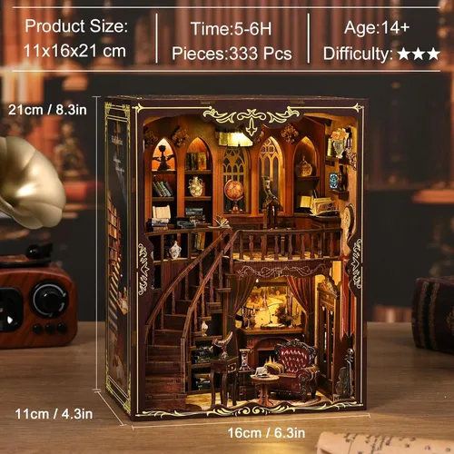 Miniatura 7 de Kit de rincón de libros, casa en miniatura de madera 3D Biblioteca de rimas antiguas para decoración de estanterías, manualidades relajantes