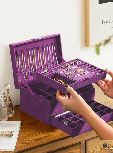 Miniatura 5 de Cajas de Joyería para Mujeres Morado Organizador de Joyas de Terciopelo con Cerradura, Organizadores de Joyas para Adolescentes y Caja Organizadora