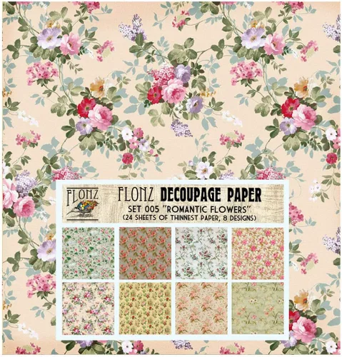 Paquete de papel para decoupage (24 hojas 15 cm x 15 cm) con patrón floral vintage romántico FLONZ Papel con estilo vintage para decoupage y Cinco