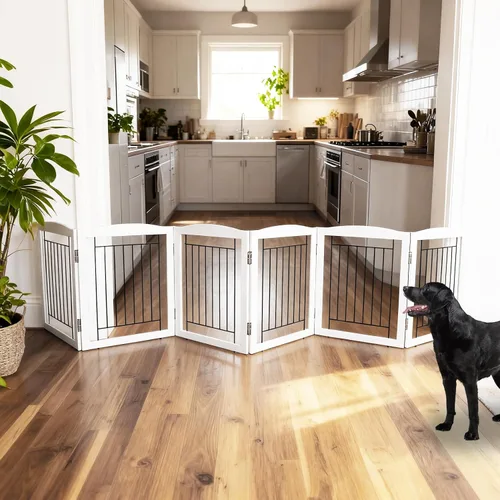 Miniatura 2 de ZJSF Puerta plegable independiente para perros, puerta de madera extra ancha blanca para cachorros, 6 paneles, puertas altas para mascotas