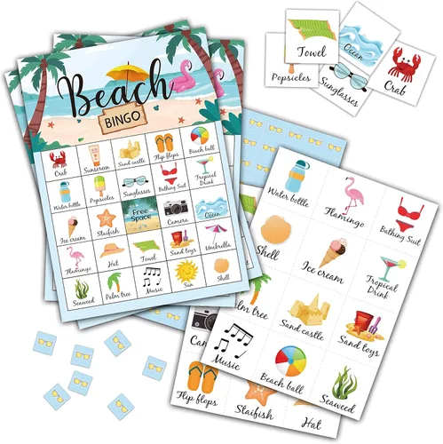 Juego de bingo de playa, juegos de fiesta temática de verano tropical con 24 jugadores, actividades de suministros hawaianos, recuerdos de fiesta