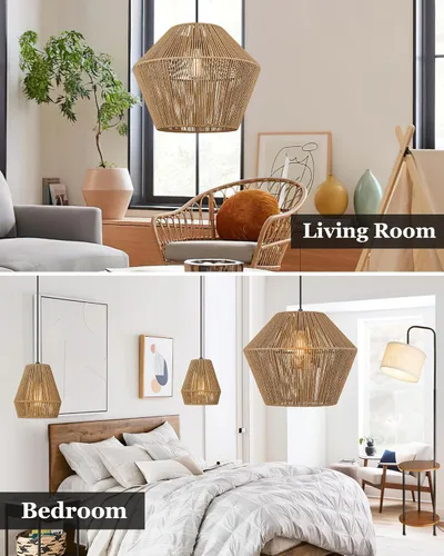 Miniatura 7 de ELYONA Lámpara Colgante Tejida Grande de 16.5 pulgadas Candelabro Moderno Boho Pantalla de Cesta de Ratán Tejida a Mano Accesorios de Lámpara