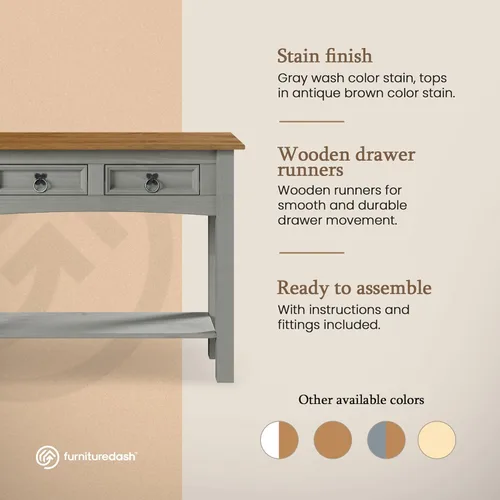 Miniatura 5 de Furniture Dash Mesa Consola de Pasillo de Madera Maciza 34.49" An, 12.64" Pr, 28.82" Al - Mesa de Entrada Estilo Granja con 2 Cajones, Oficina Gris