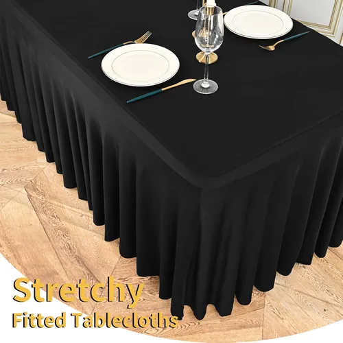 Miniatura 4 de 2 Packs Black Spandex Table Clothes for 6 Foot Rectangle Tables, Wrinkle Resistant Fitted Tables Cover, Washable Stretch Table Skirts for Weddings