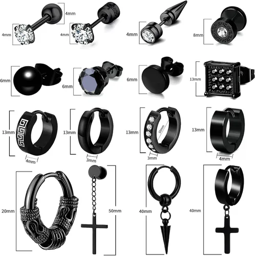 Miniatura 2 de Juego de 16 pares de aretes para hombre, acero inoxidable de alta calidad, hipoalergénicos y elegantes, aretes de cruz para hombre, juego de aretes