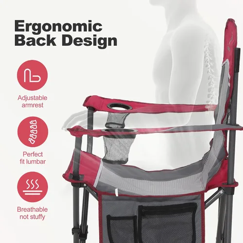 Miniatura 4 de LET'S CAMP Paquete de 2 sillas de campamento con respaldo de malla, portátil, plegable, resistente, para exteriores, 330 libras, silla de brazo Rojo