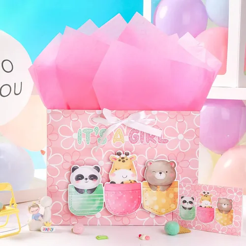 Miniatura 2 de Loveinside Bolsa de regalo para niña con diseño de animales rosados con papel de seda y tarjeta de felicitación para baby shower, nuevos padres