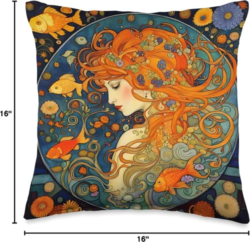 Miniatura 4 de Red haired Art Nouveau Woman Of The Waters Hermosa almohada estilo Art Nouveau de la mujer pelirroja de las aguas, 16 x 16 pulgadas, multicolor
