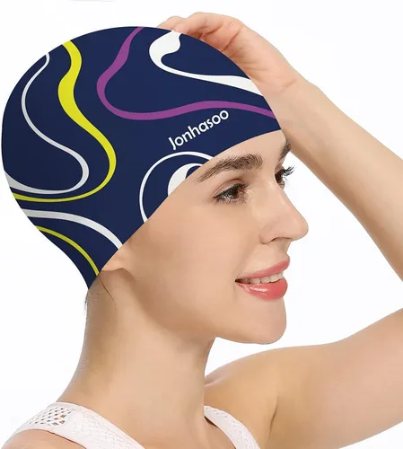 Miniatura 6 de Gorro de natación de silicona para mujer, gorras de natación impermeables de pelo largo con rayas de color impresas Gris