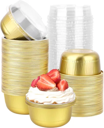Miniatura 12 de Beasea Ramequines con tapas, 8oz 50 unidades de tazas de aluminio desechables para hornear, tazas de papel de aluminio plateado para creme brulee