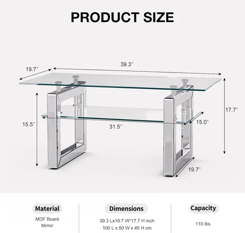 Miniatura 2 de IKIFLY Mesa de centro de cristal con tablas de vidrio de 2 niveles y patas de metal resistentes, mesa auxiliar rectangular de vidrio transparente