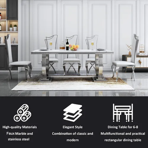 Miniatura 5 de Juego de mesa de comedor de mármol sintético, 7 piezas, juego de mesa de cocina y comedor para 6, mesa de comedor rectangular blanca de 70 pulgadas