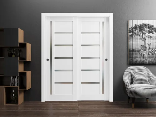 Miniatura 2 de Puertas corredizas de derivación para armario de 36 x 80 pulgadas con herrajes Quadro 4088 seda blanca con vidrio opaco esmerilado Juego
