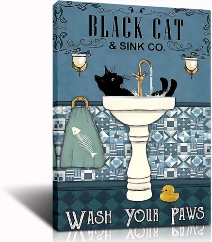 Póster de gato negro con texto en inglés "Wash Your Paws", impresión divertida de decoración de baño, arte de pared de gato bohemio vintage,
