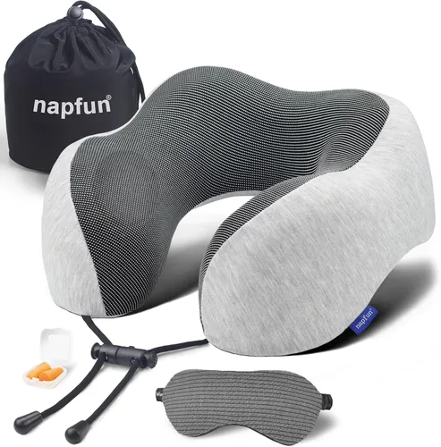 Miniatura 15 de napfun Almohada cervical para viajar, almohada cervical de viaje mejorada para avión, almohada de viaje de espuma viscoelástica 100% pura para Kit