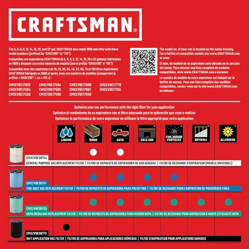 Miniatura 7 de CRAFTSMAN CMXZVBE38773 Filtro genuino para aspiradora húmeda y seca de aplicación húmeda para la mayoría de aspiradoras CRAFTSMAN de 5 a 20 galones