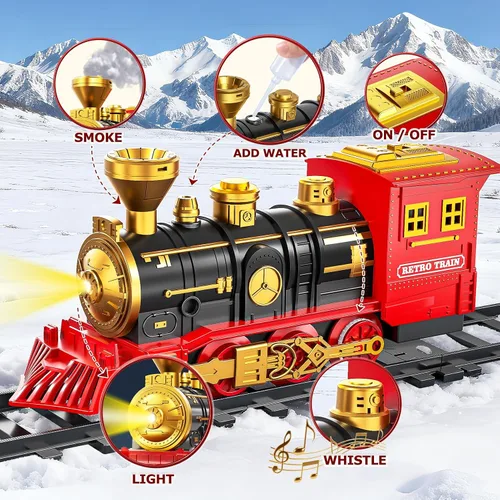 Miniatura 2 de Juego de tren eléctrico para niños, juguetes de tren de Navidad con humo, luz y sonido, pistas de tren de construcción de bricolaje debajo del árbol