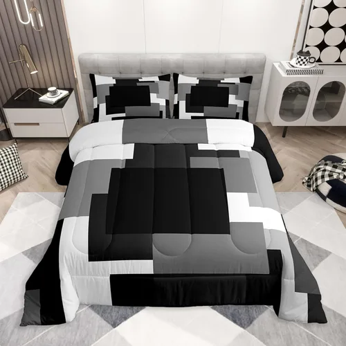 Miniatura 10 de jejeloiu Juego de edredón geométrico para niños, tamaño individual, diseño de rayas de color negro, blanco y gris, juego de ropa de cama decorativo